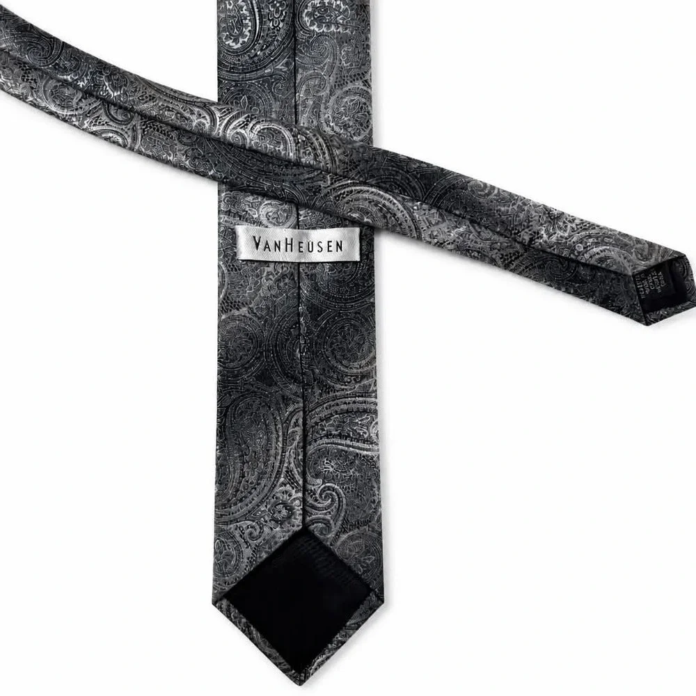 Van Heusen Mens Tie Black Charcoal Gray Jacquard Paisley Polyester Necktie